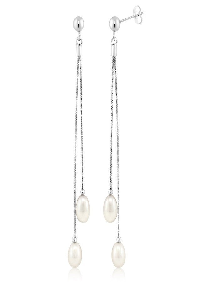 Gem Stone King Cultured Freshwater Pearl Drop Dangle Long Earrings For Women | 925 Sterling Silver | Pearl Size: 7-7.5MM | Length: 3 Inch | Fine Jewelry Gifts for Her Mom Women Wife - Image 1